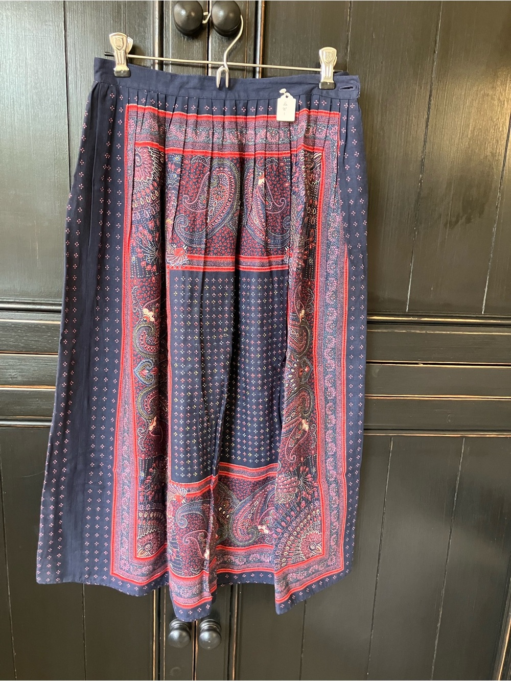 Vintage Navy Paisley Midi Skirt with Red Accents